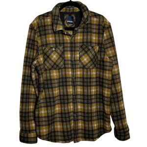 084 prAna Westbrook Flannel Shirt Jacket (L, Mustard/Navy, EUC)